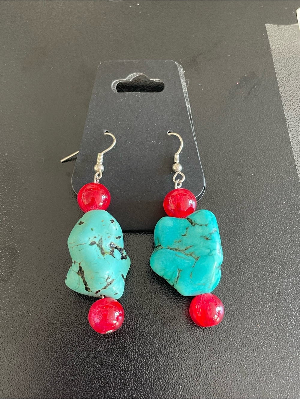 Turquoise and Red Bead Dangle Earrings - Unbranded